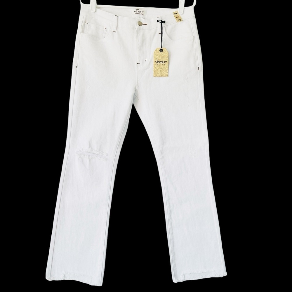 Vibrant M.I.U. Womens White Jeans Sz 13 Distressed Mid Rise Straight Stretch NWT